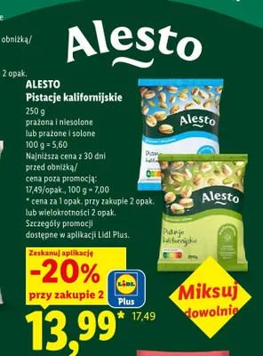 Pistacje kalifornijskie prażone i solone Alesto promocja w Lidl