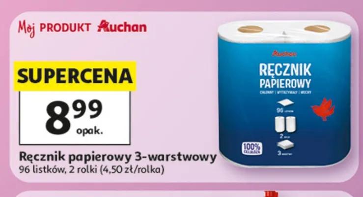Ręcznik papierowy 3-warstwowy Auchan 96 listków promocja w Auchan