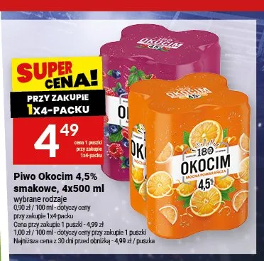 Piwo Okocim Mocna Wiśnia 4,5% 4-pak 500 ml promocja w Twój Market