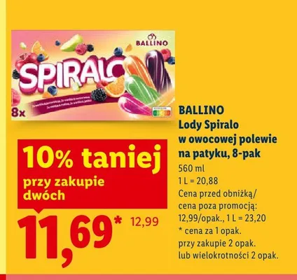 Lody Spiralo w owocowej polewie na patyku BALLINO 8-pak 90ml promocja w Lidl