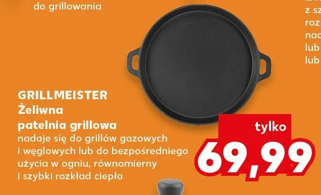 Żeliwna patelnia grillowa Grillmeister nadaje się do grillów gazowych i węglowych do bezpośredniego użycia w ogniu równomierny i szybki rozkład ciepła promocja w Kaufland
