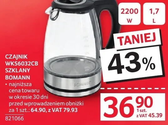 Czajnik elektryczny WKS6032CB szklany Bomann promocja w Selgros