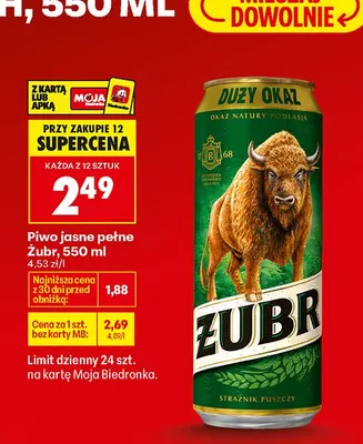 Piwo jasne pełne Żubr promocja w Biedronka