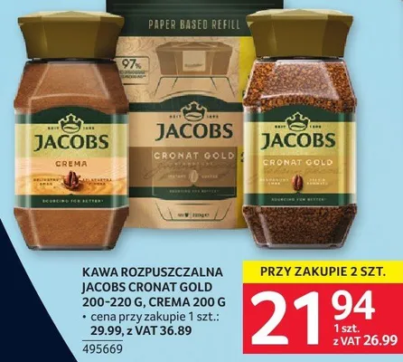 Kawa rozpuszczalna Jacobs Cronat Gold 200-220g, Crema 200g promocja w Selgros