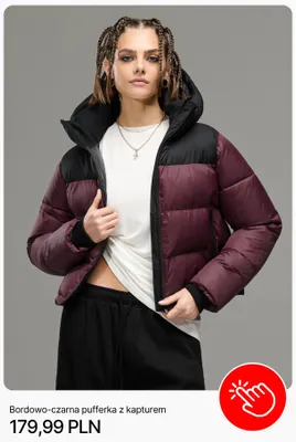 Bordowo-czarna pufferka z kapturem Cropp promocja w Cropp