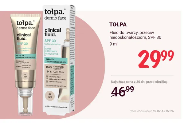 Fluid do twarzy Tołpa dermo face clinical fluid SPF 30 promocja w Rossmann