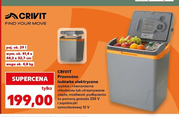 Przenośna lodówka elektryczna szybkie i równomierne chłodzenie lub utrzymywanie ciepła możliwość podłączenia za pomocą gniazda 230V i zapalniczki samochodowej 12V poj. ok. 29l wym. ok. 41,4x48,2x32,7cm waga ok. 4,8kg Crivit promocja w Kaufland