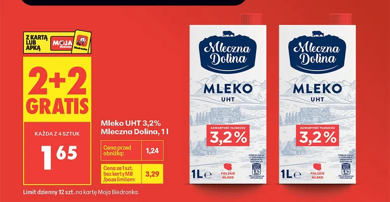 Mleko UHT 3,2% Mleczna Dolina promocja w Biedronka