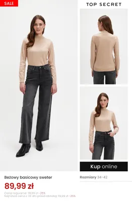 Beżowy basicowy sweter Top Secret promocja w Top Secret