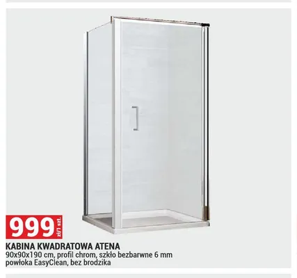 Kabina kwadratowa Atena 90x90x190cm profil chrom szkło bezbarwne 6mm powłoka EasyClean bez brodzika promocja w Merkury Market