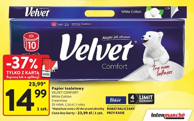 Papier toaletowy Velvet Comfort White Cotton promocja w Intermarche