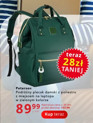 Podróżny plecak damski z poliestru z miejscem na laptopa w zielonym kolorze Peterson promocja w Poczta Polska