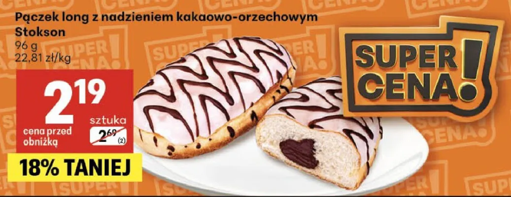 Pączek long z nadzieniem kakaowo-orzechowym Stokson promocja w Delikatesy Centrum