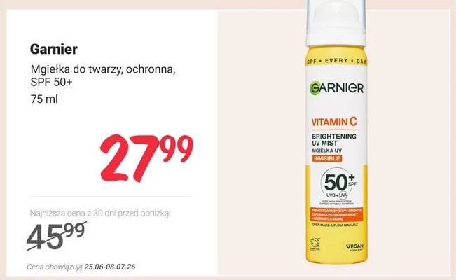 Mgiełka do twarzy ochronna Garnier Vitamin C SPF 50+ promocja w Rossmann