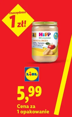 BIO Deser owocowy po 4m-cu Hipp jabłka i banany z biszkoptami promocja w Lidl