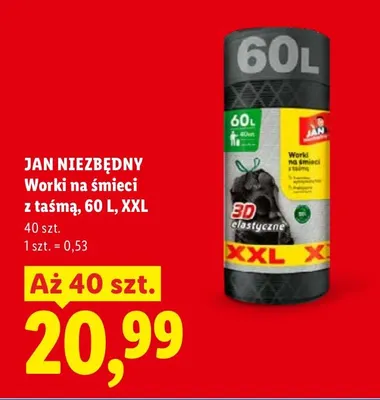 Worki na śmieci z taśmą 60 l XXL Jan Niezbędny promocja w Lidl