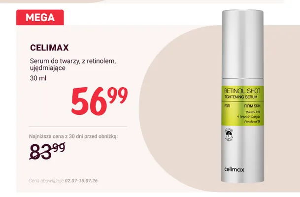 Serum do twarzy ujędrniające Celimax Retinol Shot z retinolem promocja w Rossmann