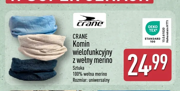 Komin wielofunkcyjny z wełny merino Crane promocja w Aldi