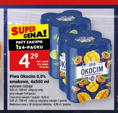 Piwo bezalkoholowe Okocim Grejpfrut z Limonką 4-pak 500 ml promocja w Twój Market