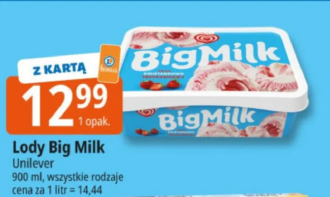 Lody Big Milk wszystkie rodzaje promocja w Leclerc