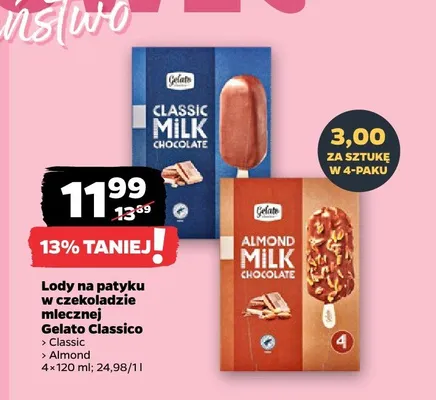 Lody na patyku w czekoladzie mlecznej Gelato Classico Almond 4-pak promocja w Netto