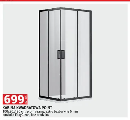 Kabina kwadratowa Point 100x80x190cm profil czarny szkło bezbarwne 5mm powłoka EasyClean bez brodzika promocja w Merkury Market