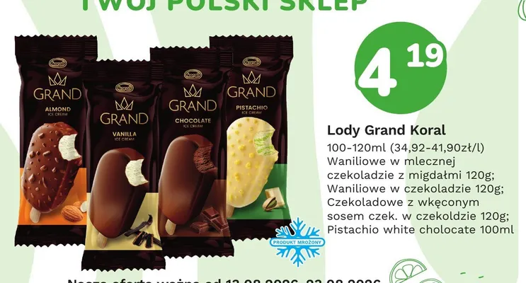 Lody Grand Koral Pistachio white chocolate promocja w Limonka