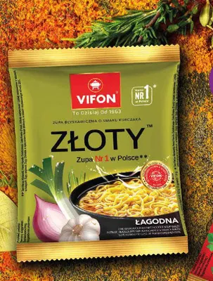 Zupa błyskawiczna Vifon Złoty o smaku kurczaka łagodna promocja w Dino
