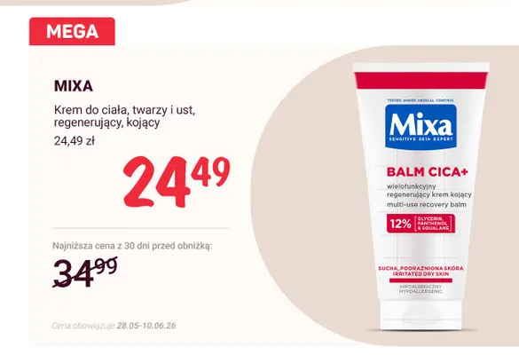Krem do ciała twarzy i ust regenerujący kojący Mixa Balm Cica+ promocja w Rossmann
