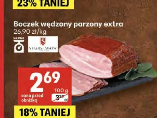 Boczek wędzony parzony extra Stanisławów promocja w Delikatesy Centrum