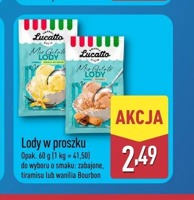 Lody w proszku o smaku zabajone Lucatto promocja w Aldi