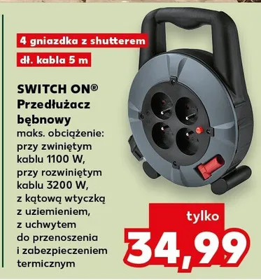 Przedłużacz bębnowy Switch On 4 gniazda 5m promocja w Kaufland