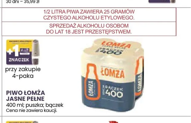 Piwo Łomża Jasne Pełne 4-pak 400ml promocja w Stokrotka