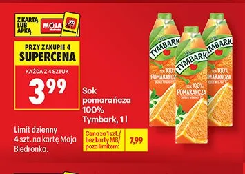 Sok pomarańczowy 100% Tymbark promocja w Biedronka
