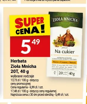 Herbata ziołowa Zioła Mnicha Na cukier promocja w Twój Market