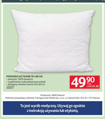 Poduszka Actigard 70x80 cm promocja w Selgros
