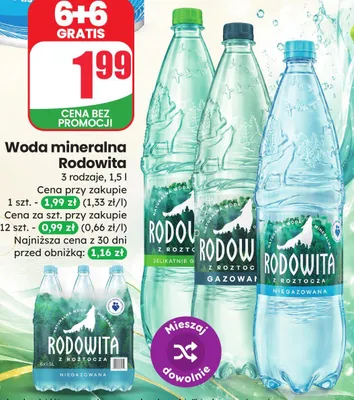 Woda mineralna Rodowita Delikatnie Gazowana promocja w Dino
