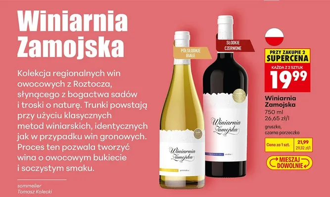 Wino Winiarnia Zamojska półsłodkie białe promocja w Biedronka