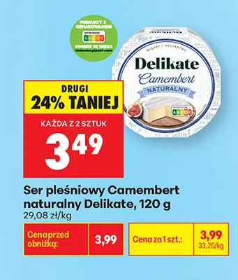 Ser pleśniowy Camembert naturalny Delikate promocja w Biedronka