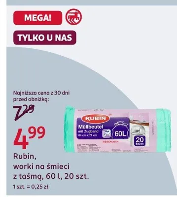 Worki na śmieci z taśmą 60l promocja w Rossmann