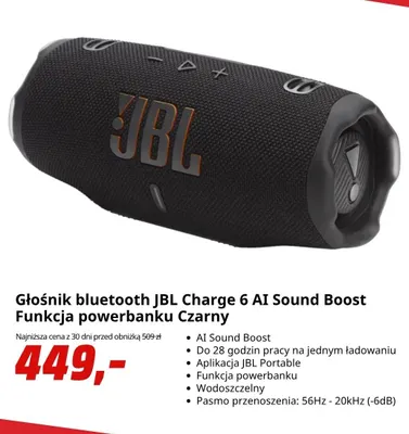 Głośnik bluetooth Jbl Charge 6 Ai Sound Boost funkcja powerbanku czarny promocja w Media Markt