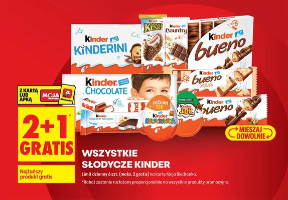 Słodycze wszystkie Kinder 2+1 GRATIS promocja w Biedronka