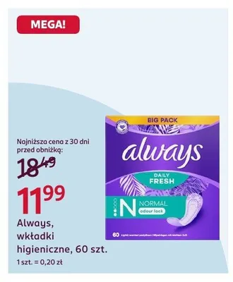 Wkładki higieniczne Always Daily Fresh Normal promocja w Rossmann