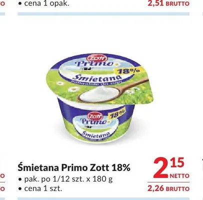 Śmietana Primo Zott 18% promocja w Makro