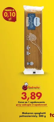 Makaron spaghetti pełnoziarnisty Pastani promocja w Biedronka