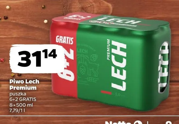 Piwo Lech Premium puszka 6+2 GRATIS promocja w Netto