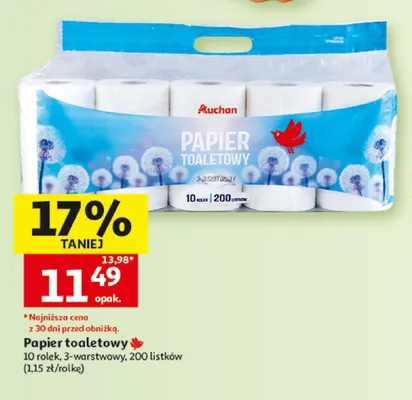 Papier toaletowy 10-pak 3-warstwowy 200 listków Auchan promocja w Auchan