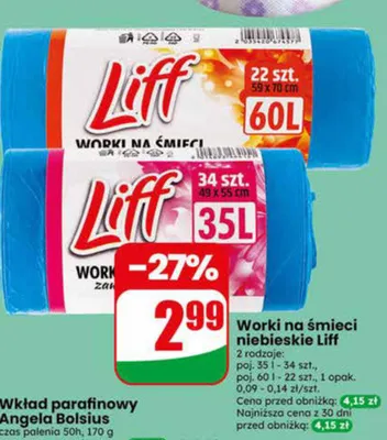 Worki na śmieci niebieskie 35l Liff promocja w Dino
