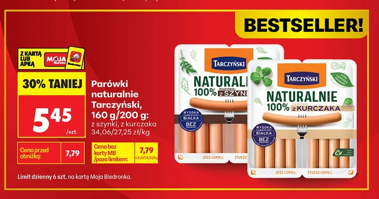 Parówki naturalnie 100% z szynki Tarczyński 160g/200g promocja w Biedronka