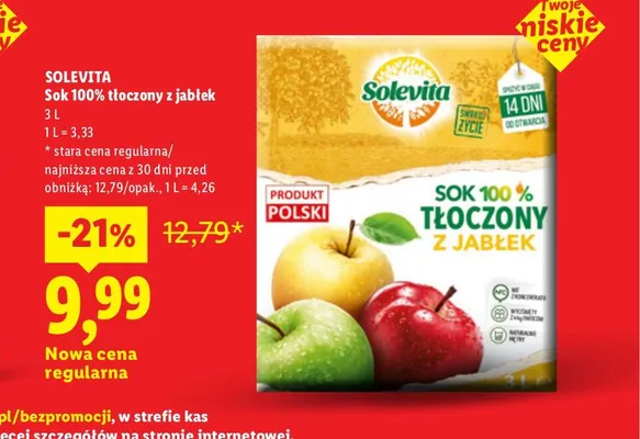 Sok 100% tłoczony z jabłek Solevita promocja w Lidl